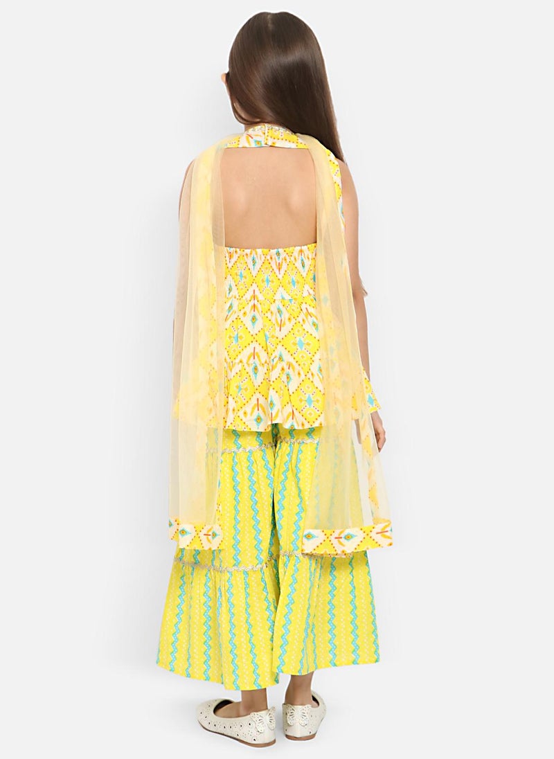 Nautinati Girls' 100% Cotton All-over Print Ikat Print Kurti with Wavy-striped Sharara & Net Dupatta - Image 2